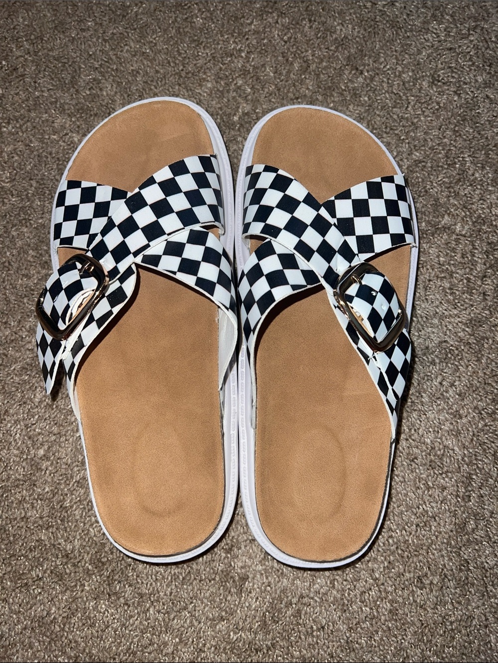 Women's Black and White Checkered Slide Sandals with Buckle